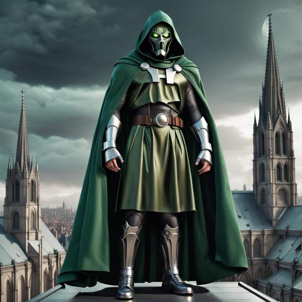 Hyperrealistic full body, Doctor Doom, chrome mask, green hooded cloak, gothic cathedral rooftop, 8K Photorealistic