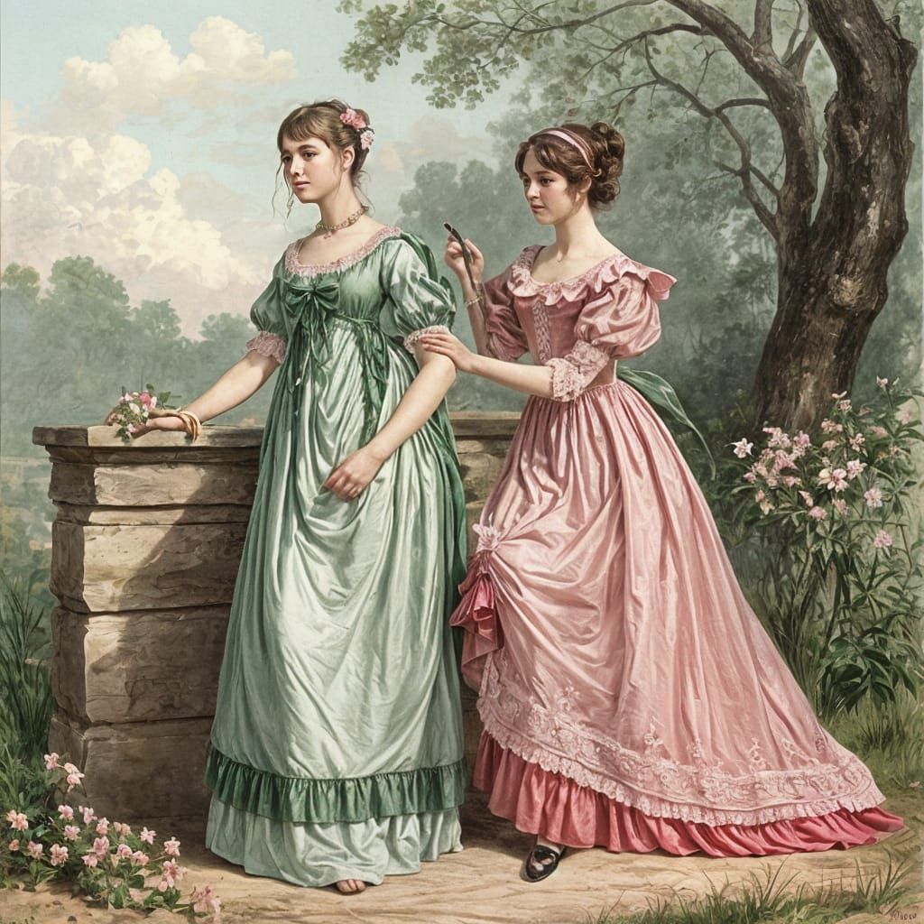 Girl in Regency Gown with Pink Embroidery
