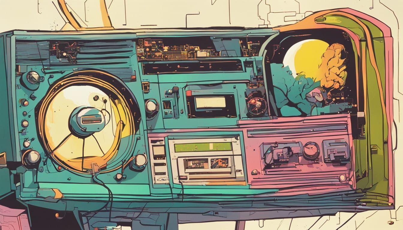 Retrofuturistic Electronic Lair in Neon Blues and Pinks