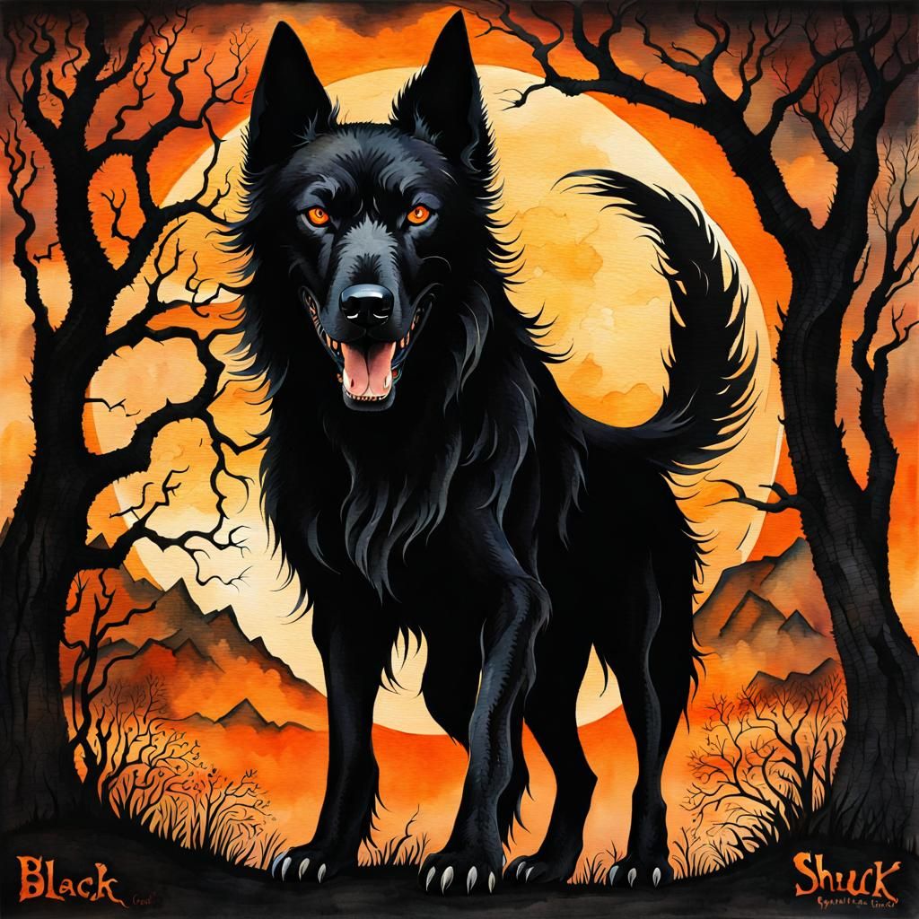 Creepy Black Shuck in Watercolor Style