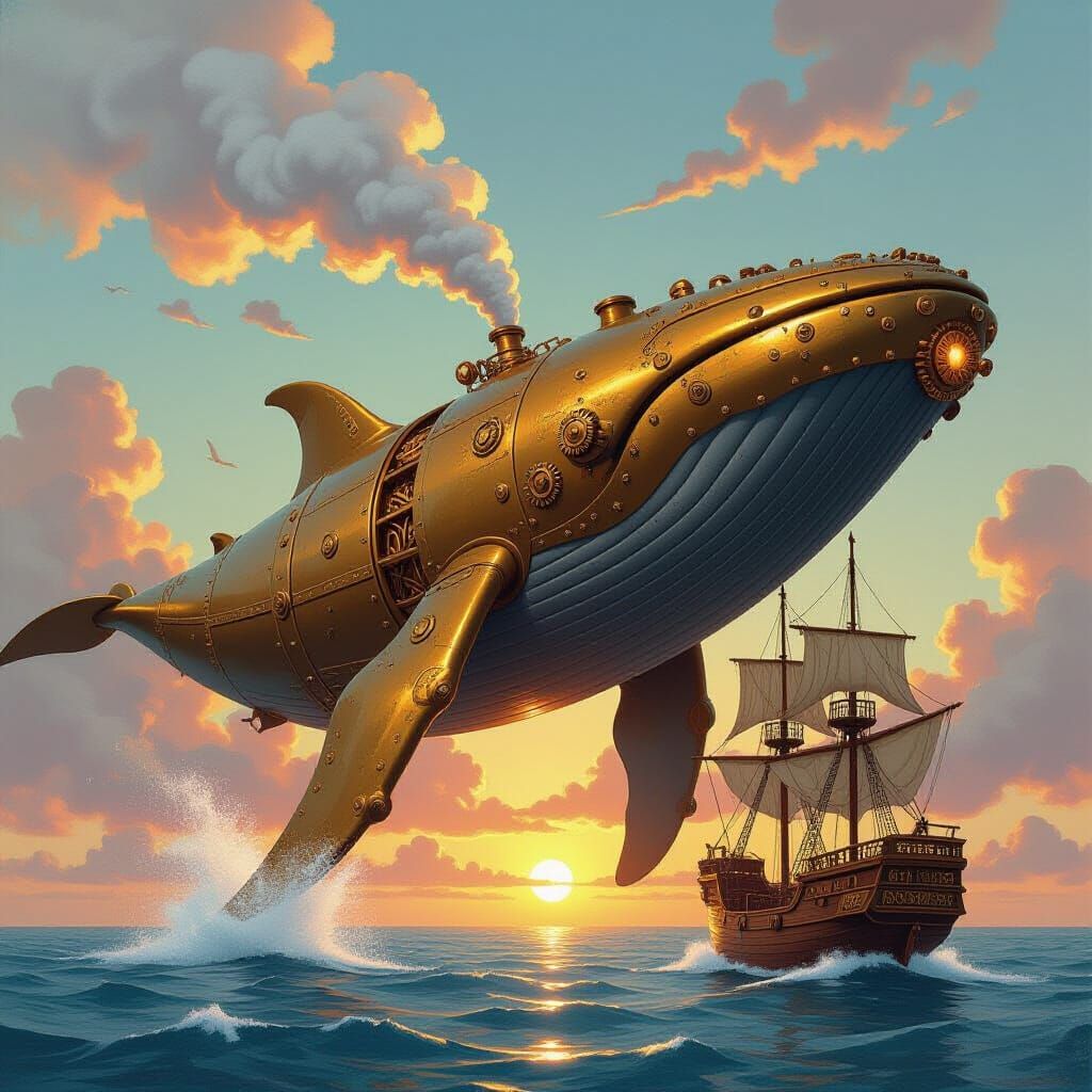 Steampunk Whale Swallowing Ship in Gouache Style