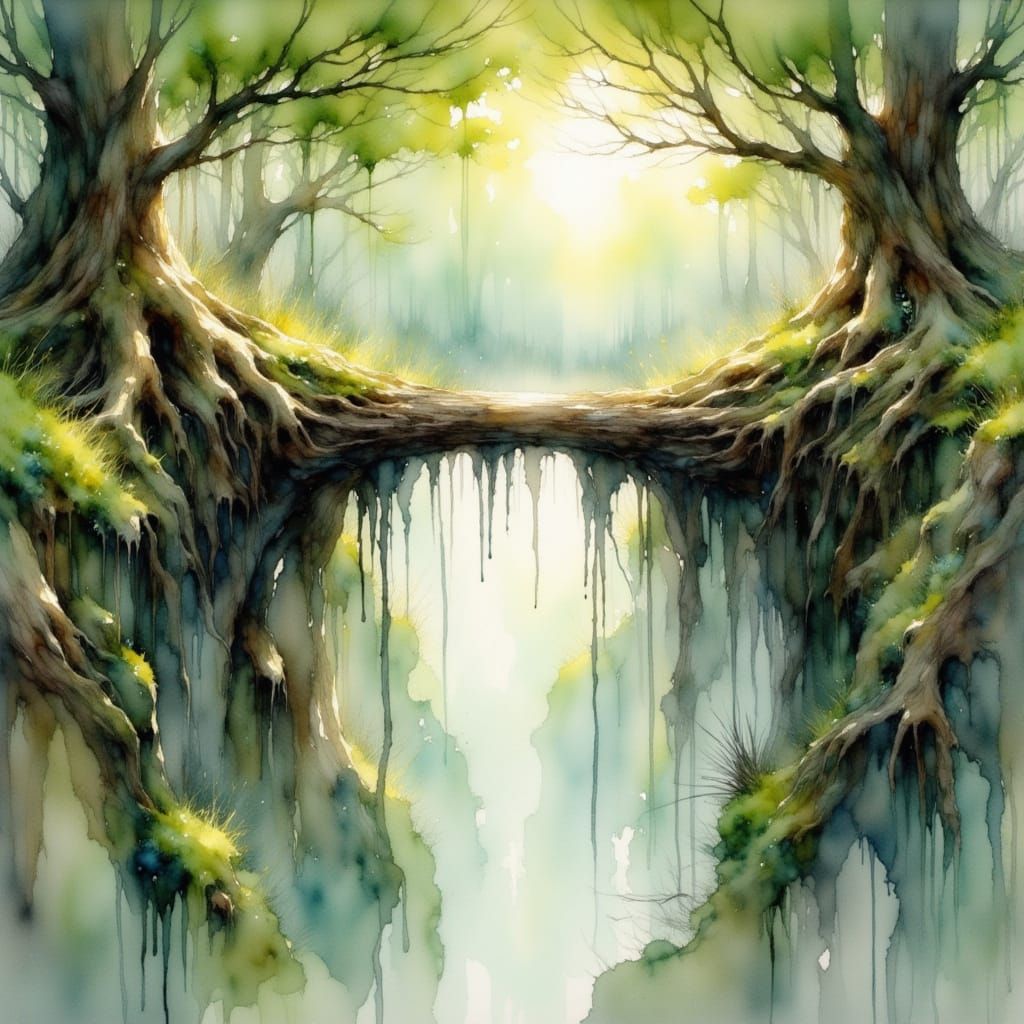 Massive Tree Root Bridge in Watercolor Forest