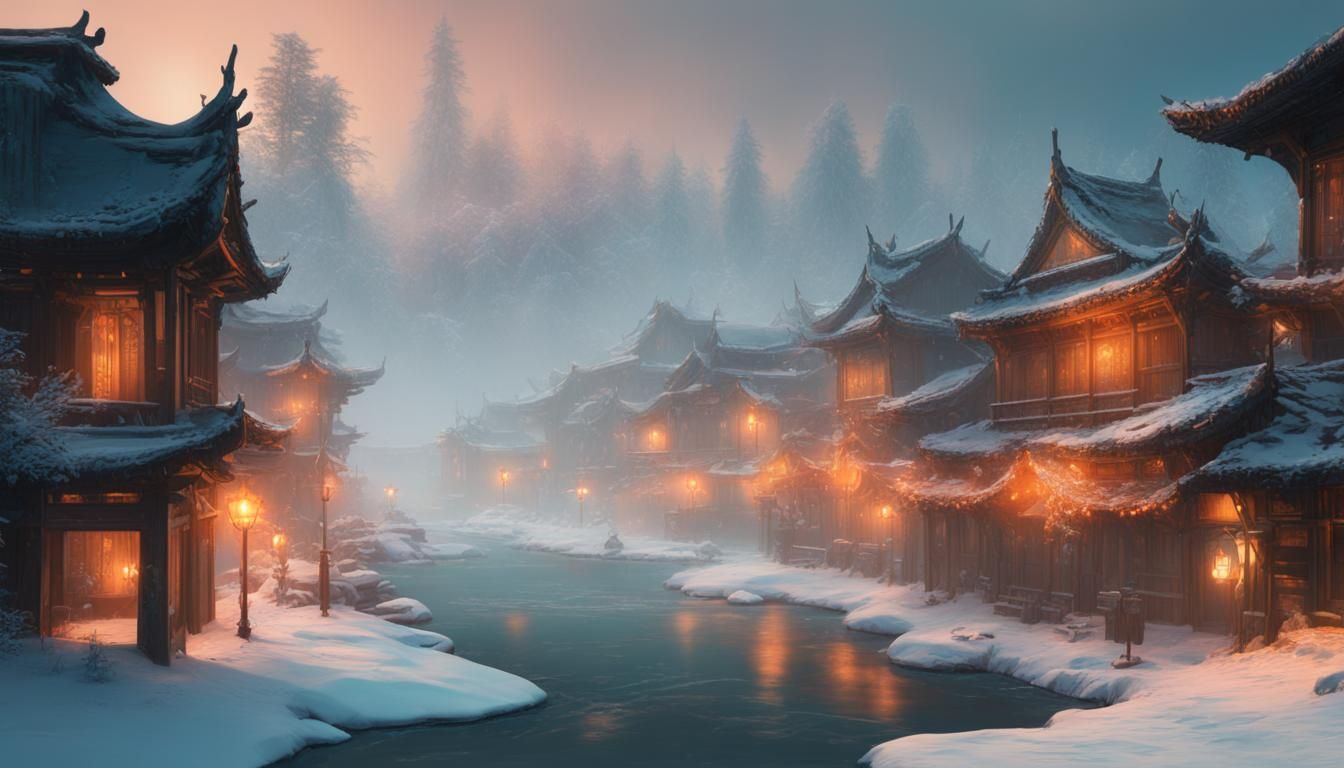 Winter Riverscape Asian Landscape in Hyperdetailed Style
