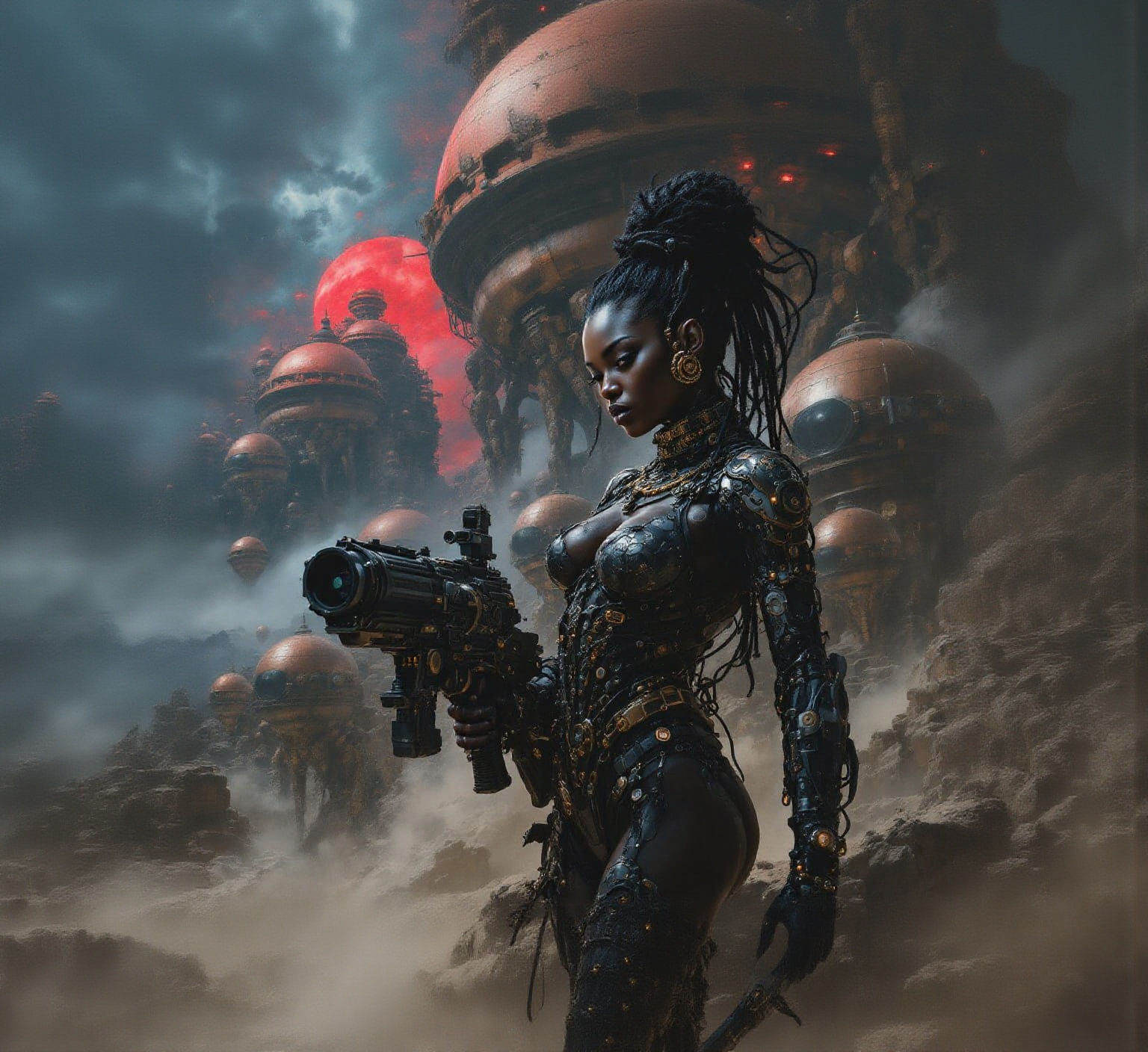 Steampunk Cyborg Princess in Dystopian Sci-Fi Landscape