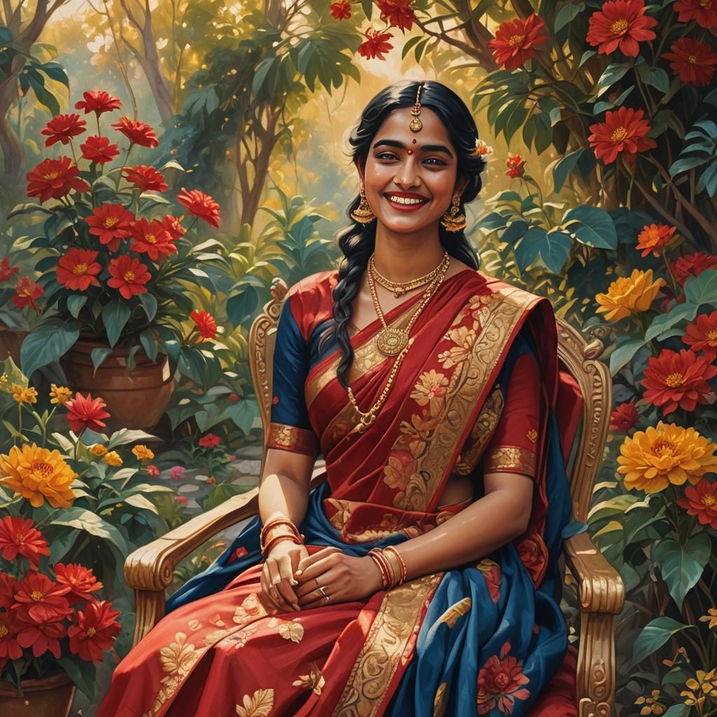 Girl in Red Sari in Fantasy Garden Art