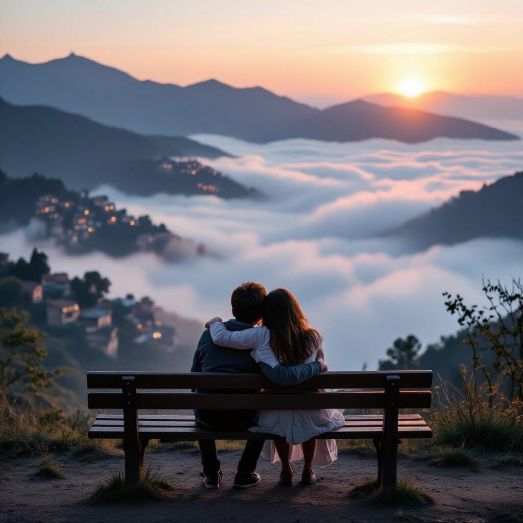 Romantic Embrace Over Cloud Valley at Sunset