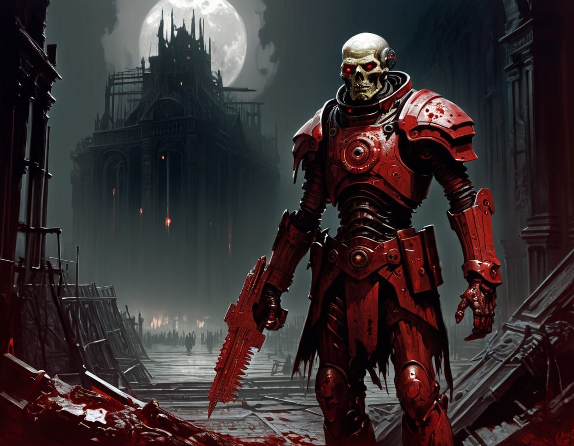 Horrific Blood Cyborg in Engraving Style