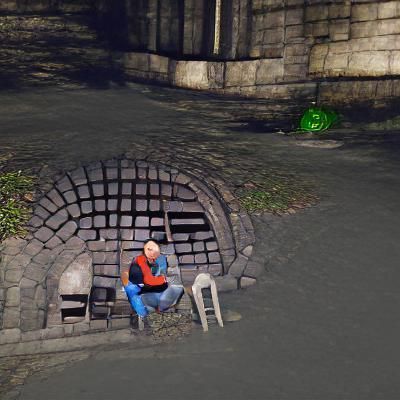 Man Sits by Sewer Entrance, Unreal Engine Style