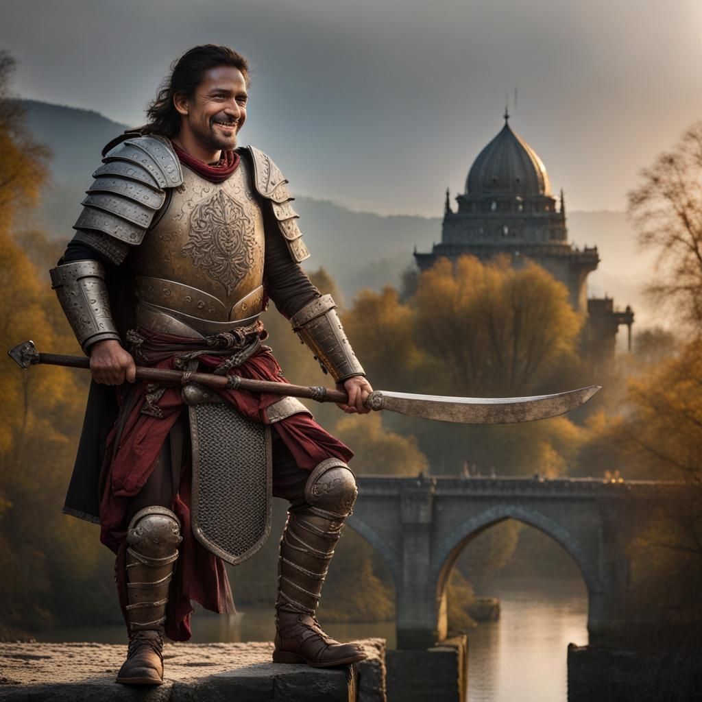 Indian Warrior with Mace on Medieval Bridge