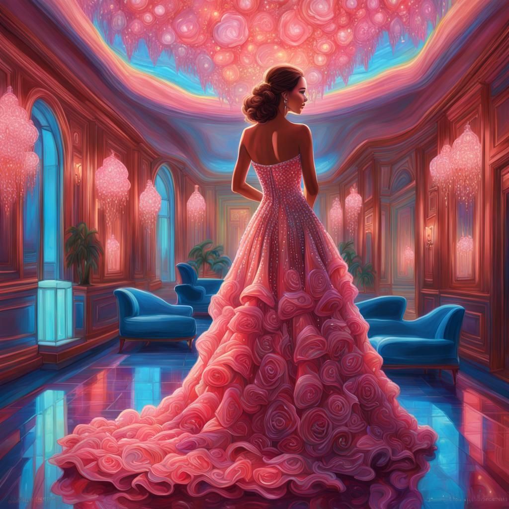 Woman in Crimson Dress in Luxury Hotel Suite