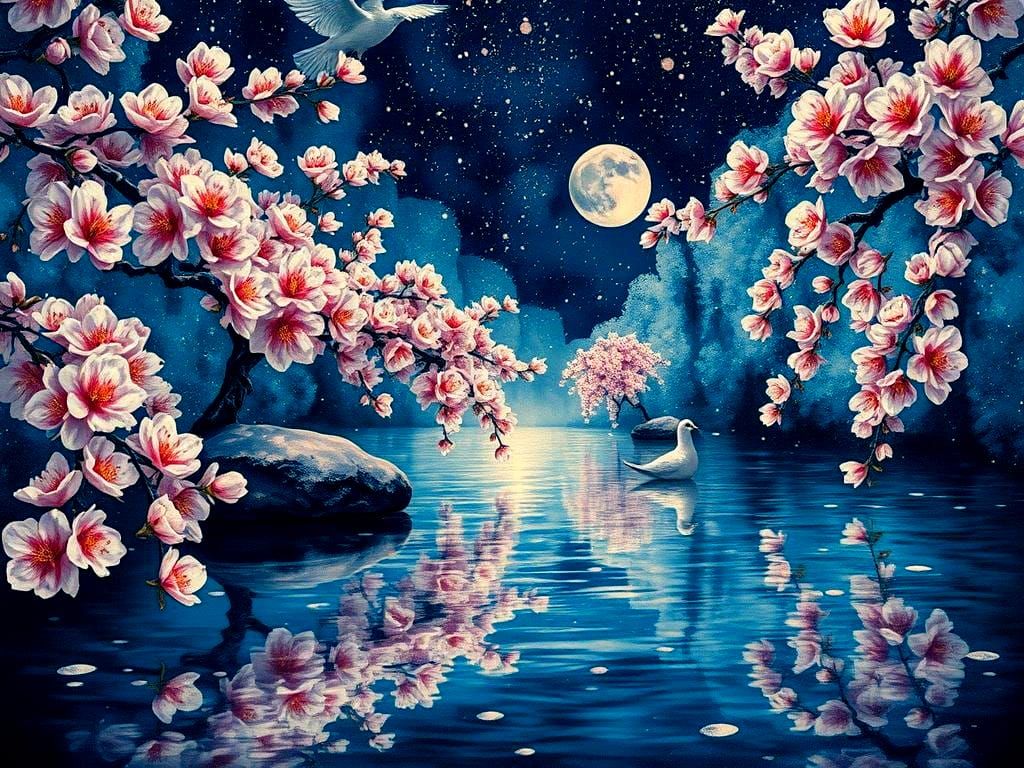 Cherry Blossoms and Doves in Post-Impressionist Style