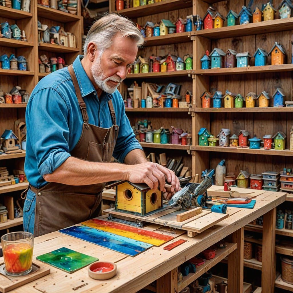 Craftsman Creates Intricate Birdhouses in Vibrant Workshop