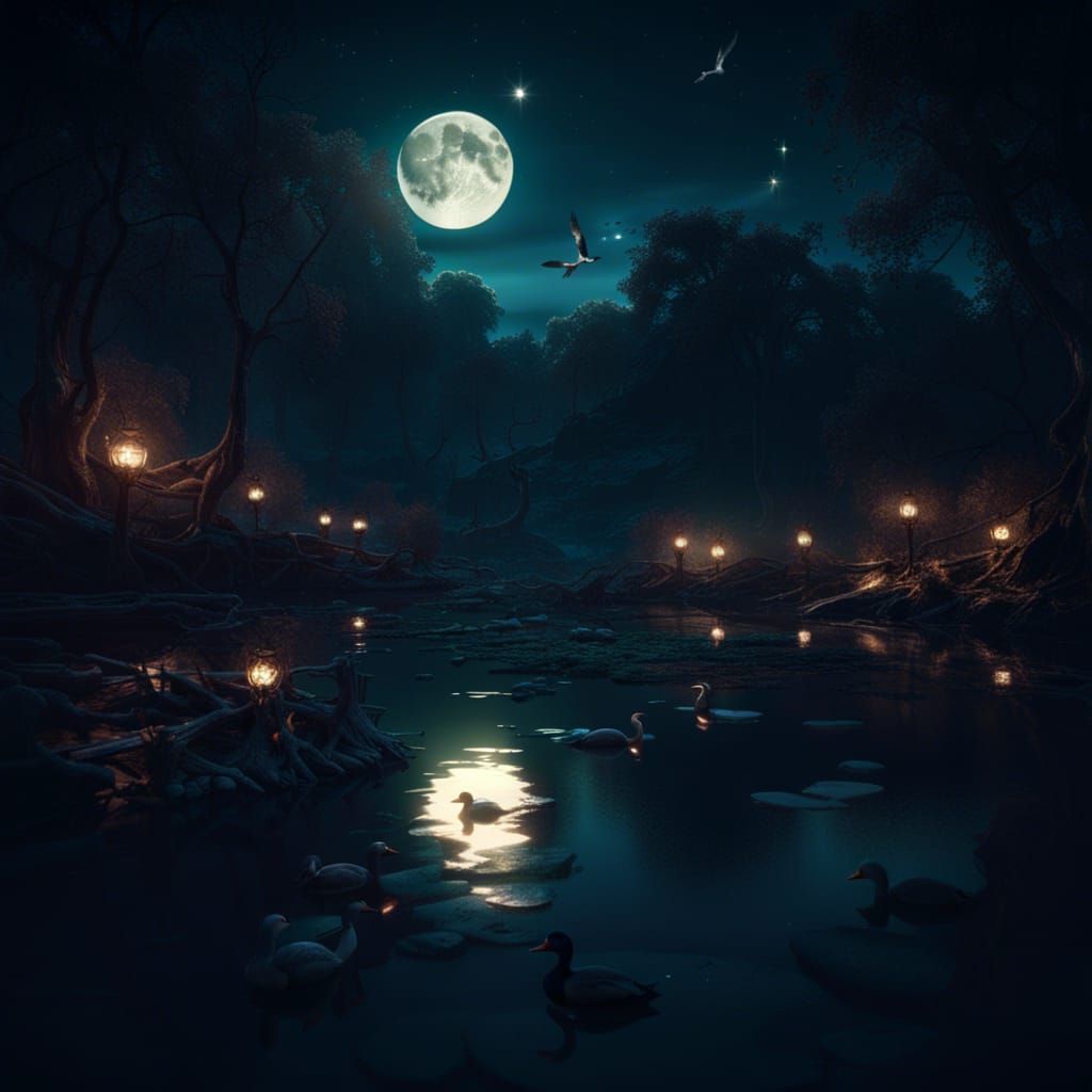 Noir Ducks Form Pentagram Under Full Moon