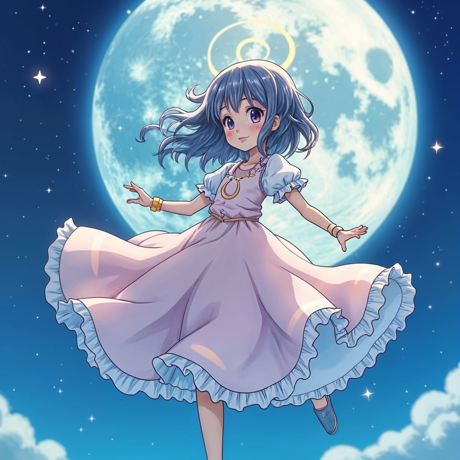 Anime Girl in Mid-Flight Over Lunar Landscape
