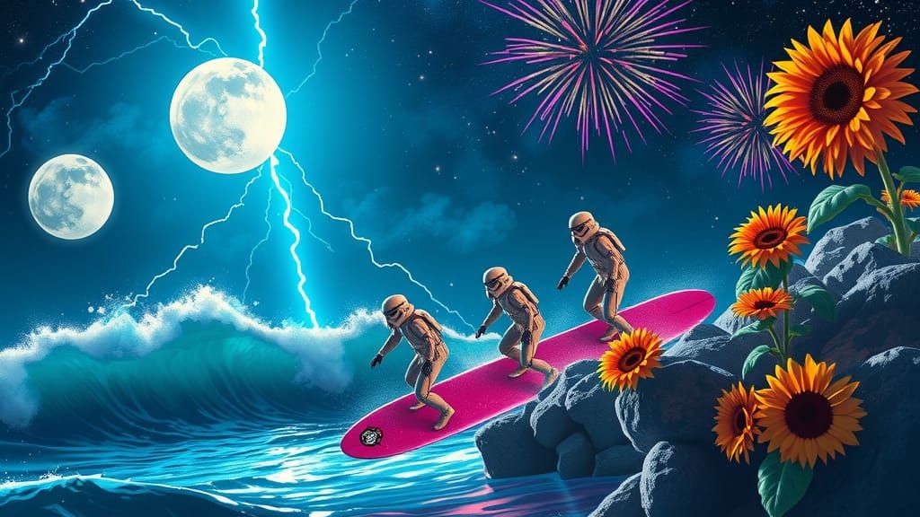 Stormtroopers Surfing Neon Ocean in Cyberpunk Style