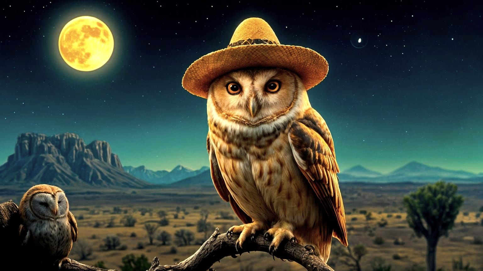 Wise Owl in Sombrero Observes Desert Landscape