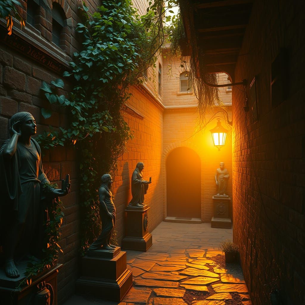 Hidden Alleyway at Golden Twilight with Overgrown Vines