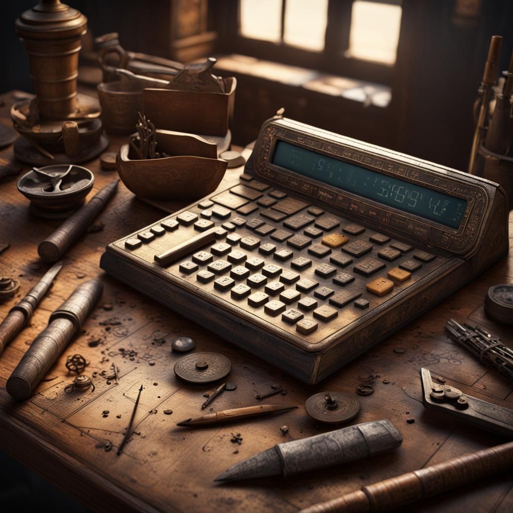 Ancient Calculator with Tools as Detailed Matte Painting