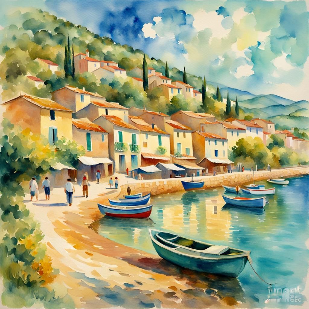 Mediterranean Fishing Village in Impressionist Style