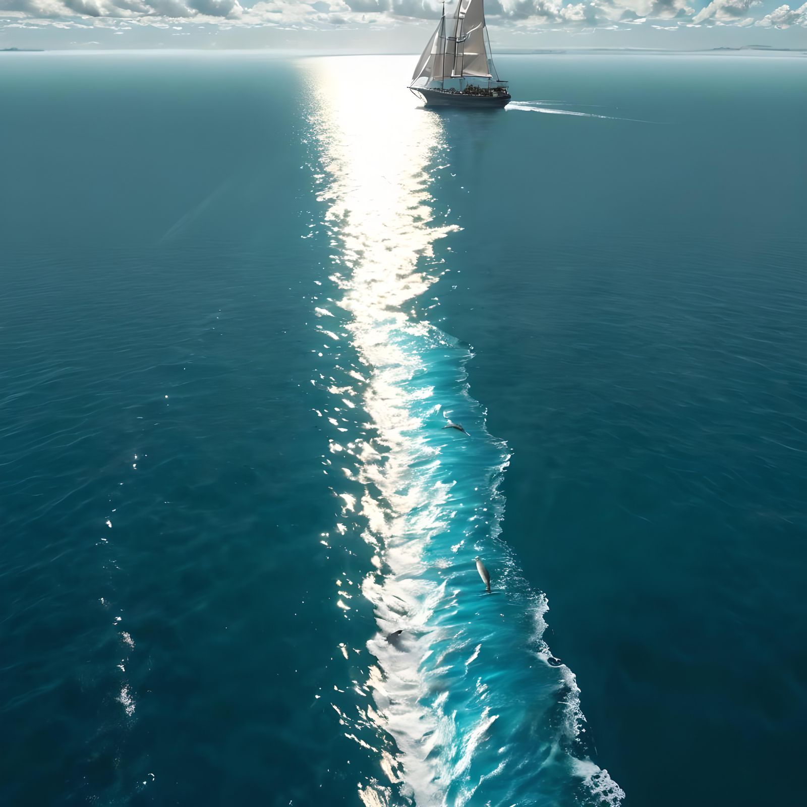 Sailship Crossing the Pacific with Dolphins