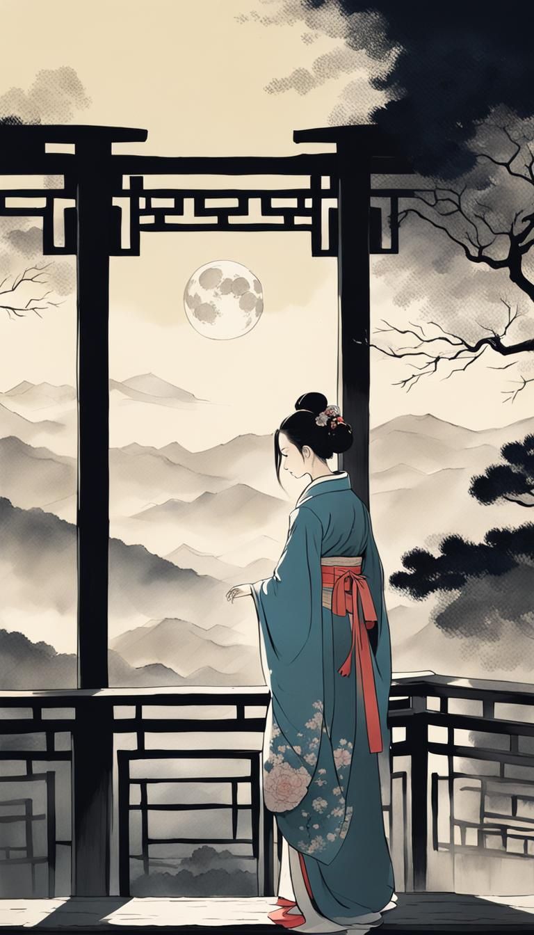 Girl in Hanfu Waiting in Moonlight: Ink Painting