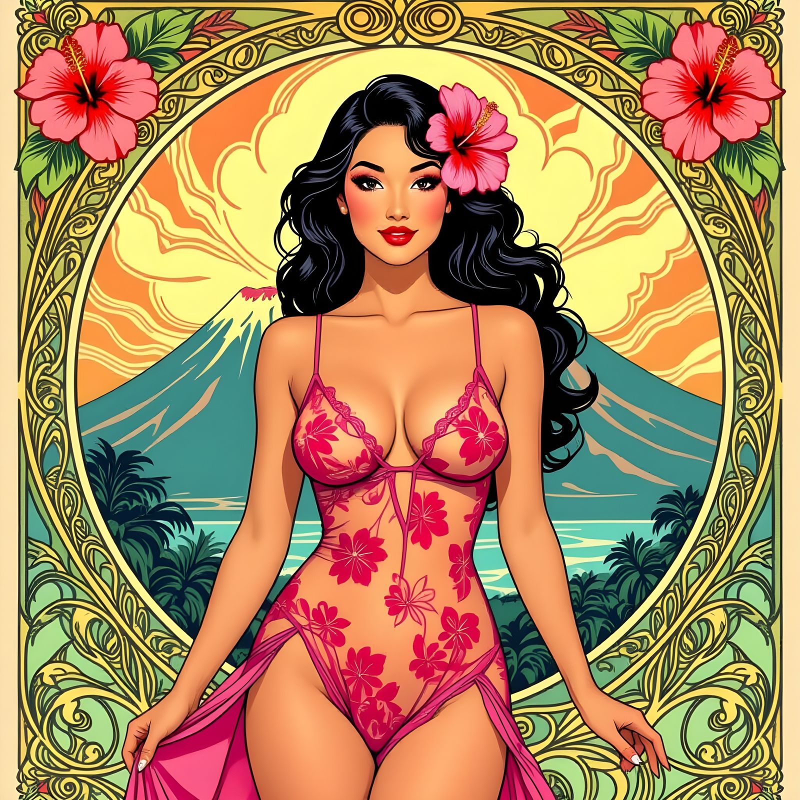 Hawaiian Woman in Art Nouveau Style with Volcano