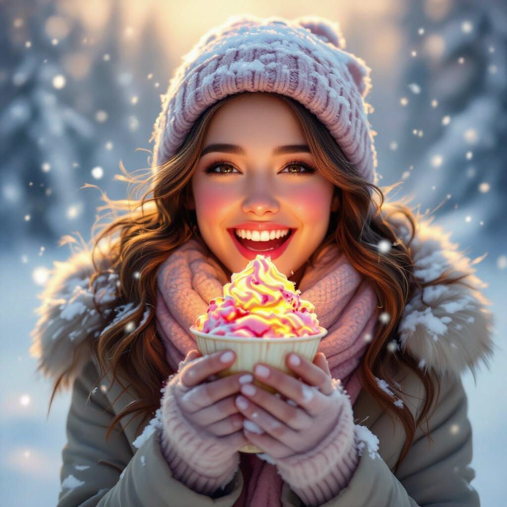 Woman Eating Lava Ice Cream in Snowy Landscape