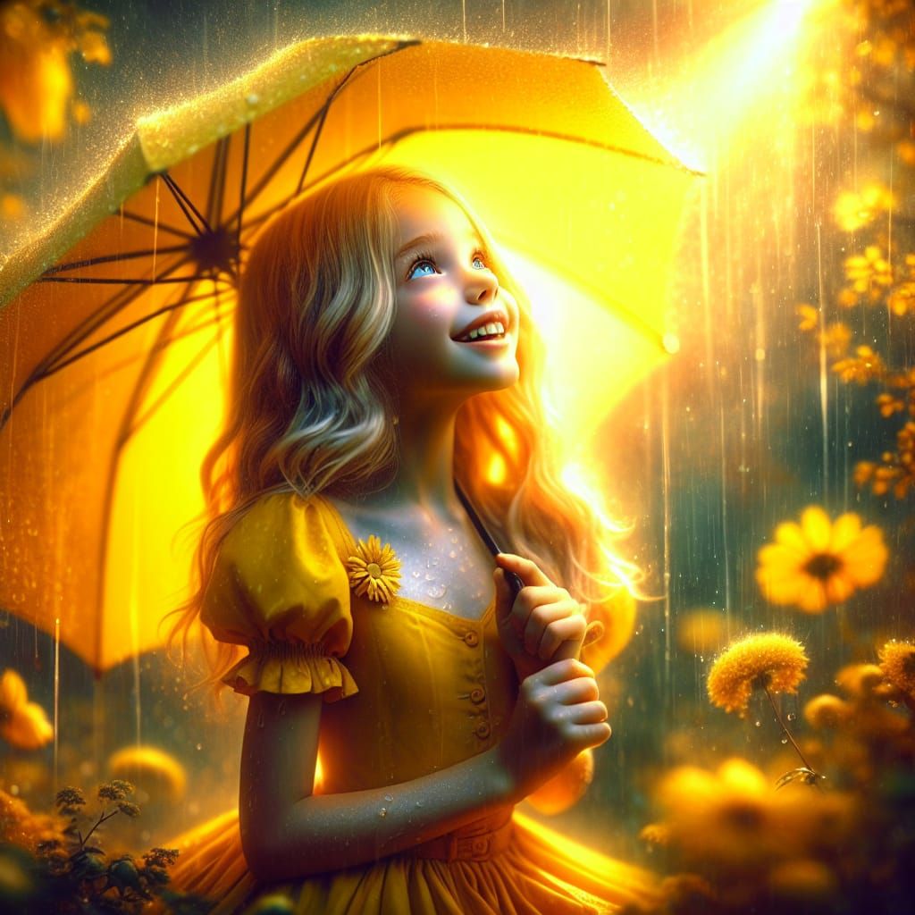 Girl with Yellow Umbrella in Rainy Sunlight