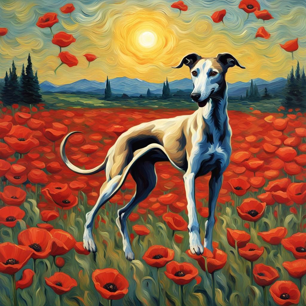 Beautiful Greyhound enjoying the sun in a poppy field