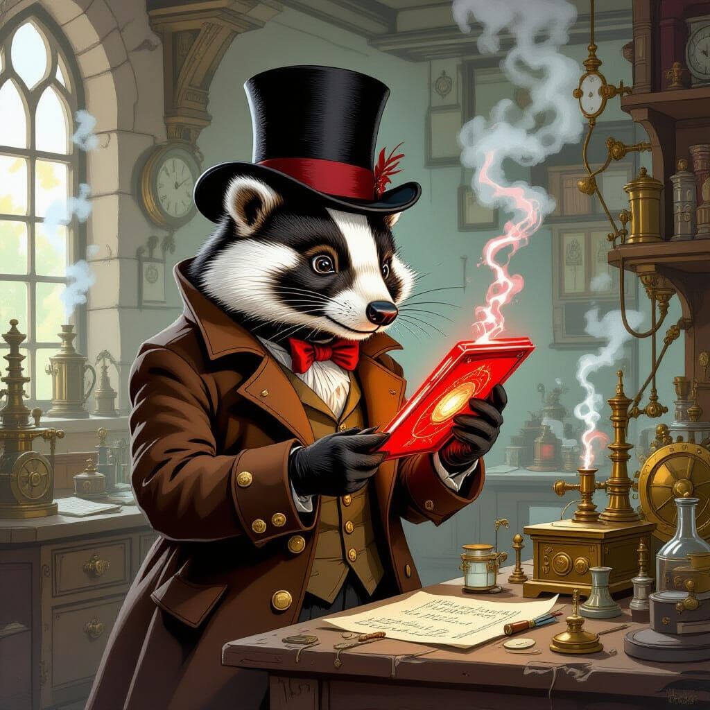 Steampunk Badger Detective Investigates Glowing Device