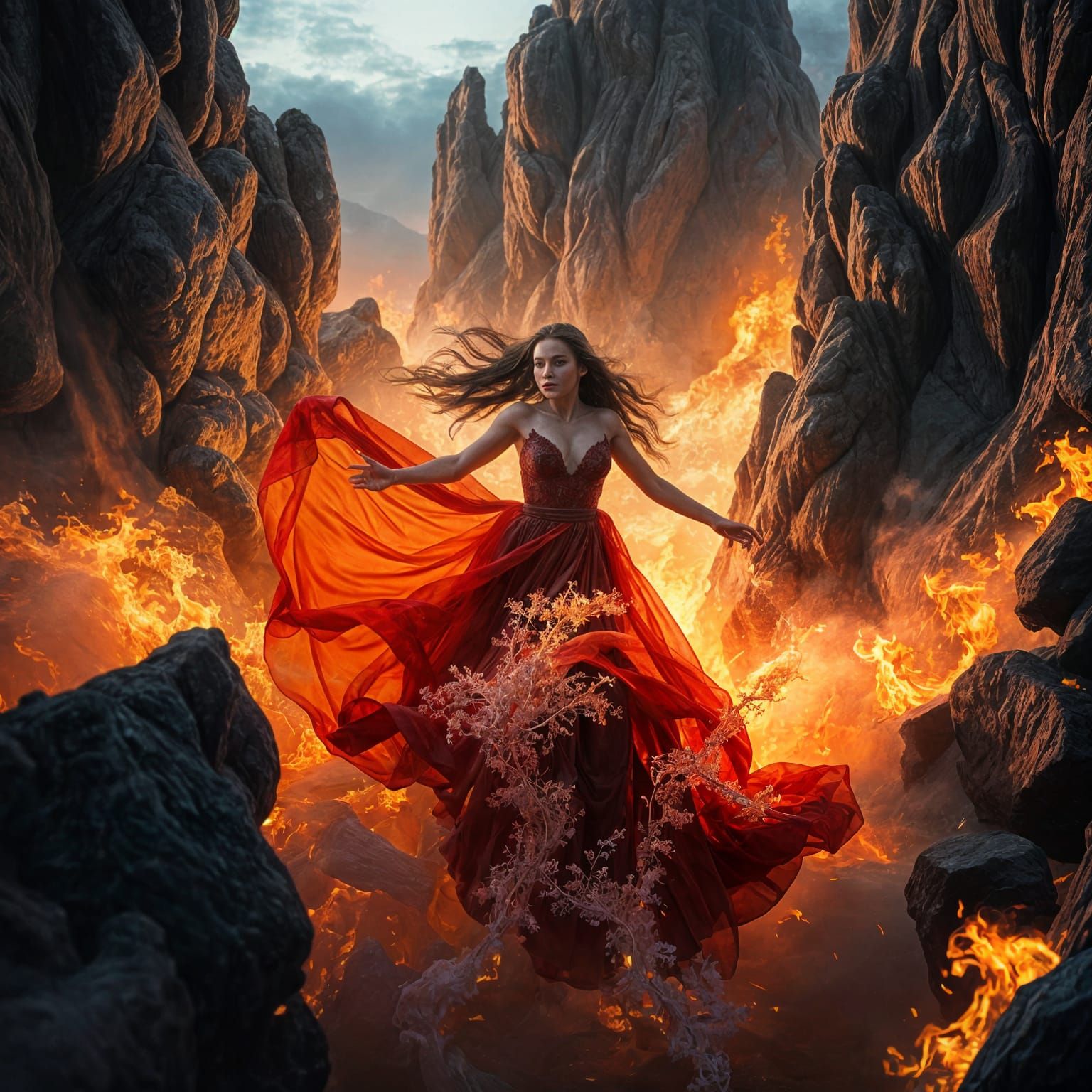 Woman Swimming in a Sea of Fire