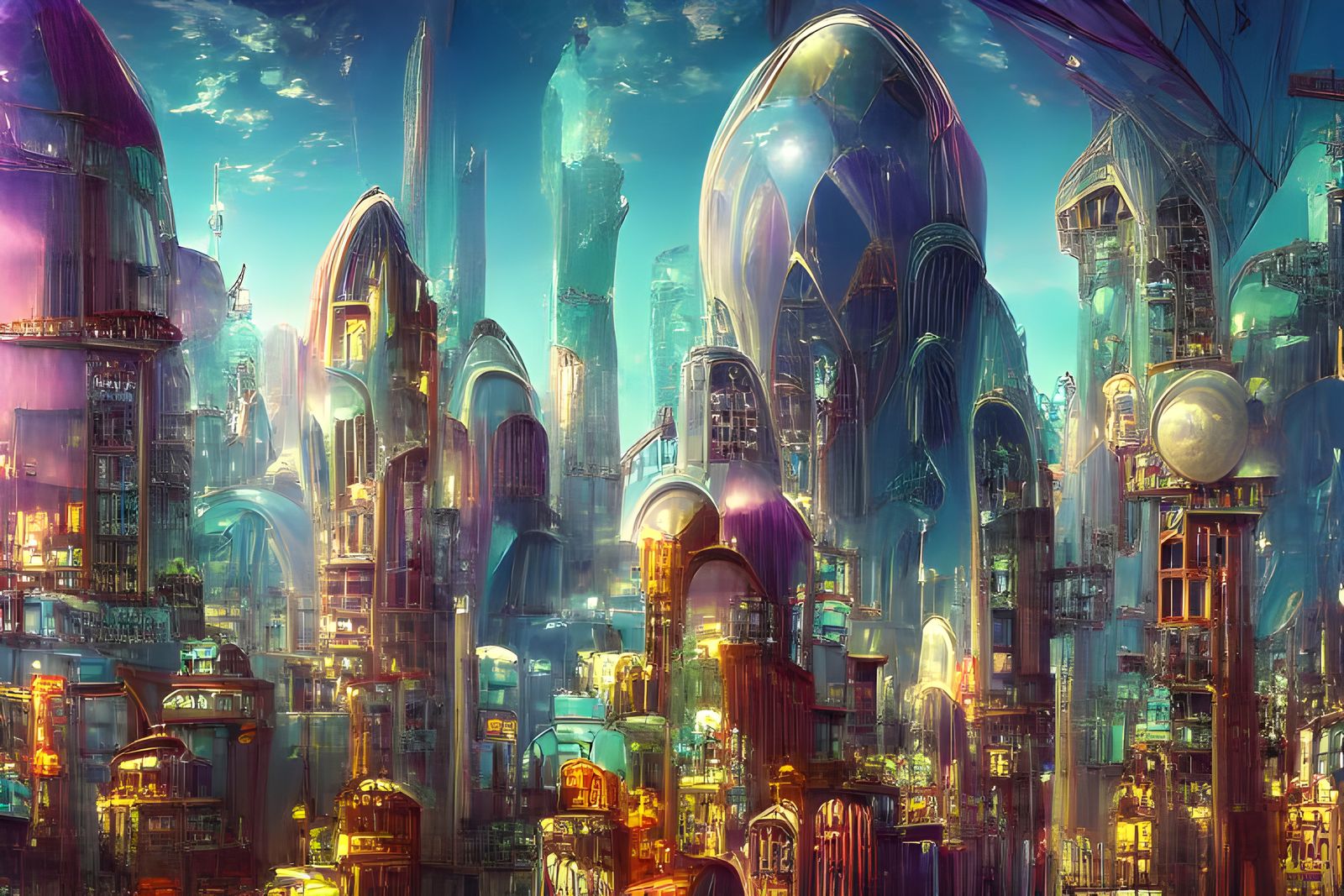 Retrofuturistic Dieselpunk City with Luminous Glass Towers