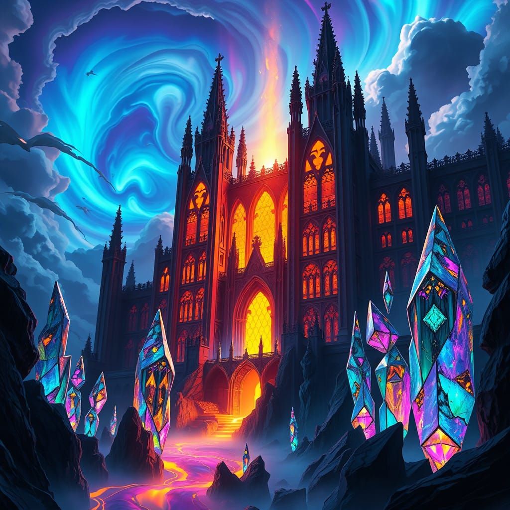 Gothic Library Silhouette in Vibrant, Iridescent Light