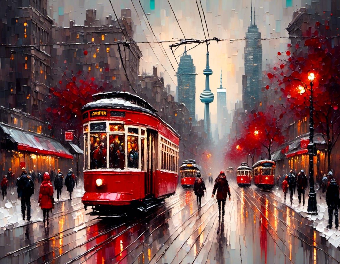 Modern Toronto Cityscape Oil Painting with Red Tramways