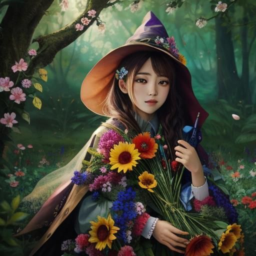 Enchanting Flower Witch in a Whimsical Scene