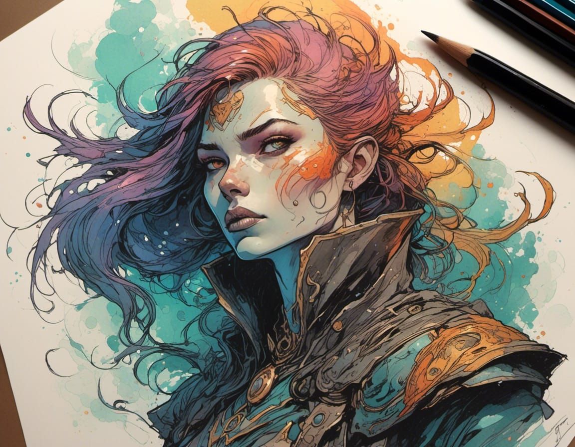 Warlock Portrait in Colorful Ink Wash Art Style