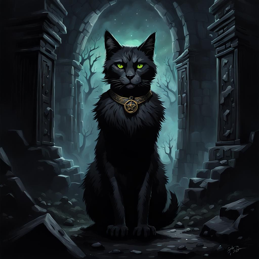Mysterious Black Cat in Enigmatic Ruins