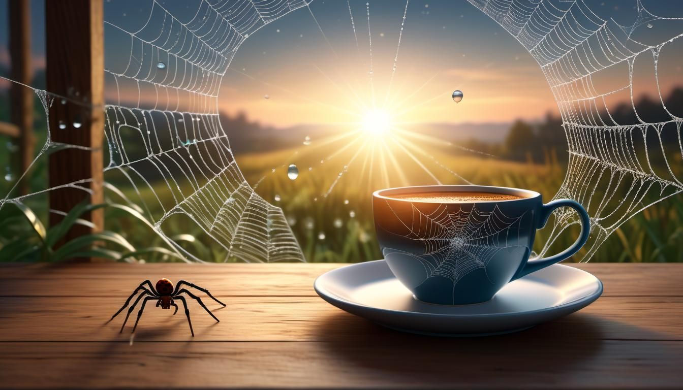 Serene Sunrise: Coffee and Dewdrop Spiderweb in 3D