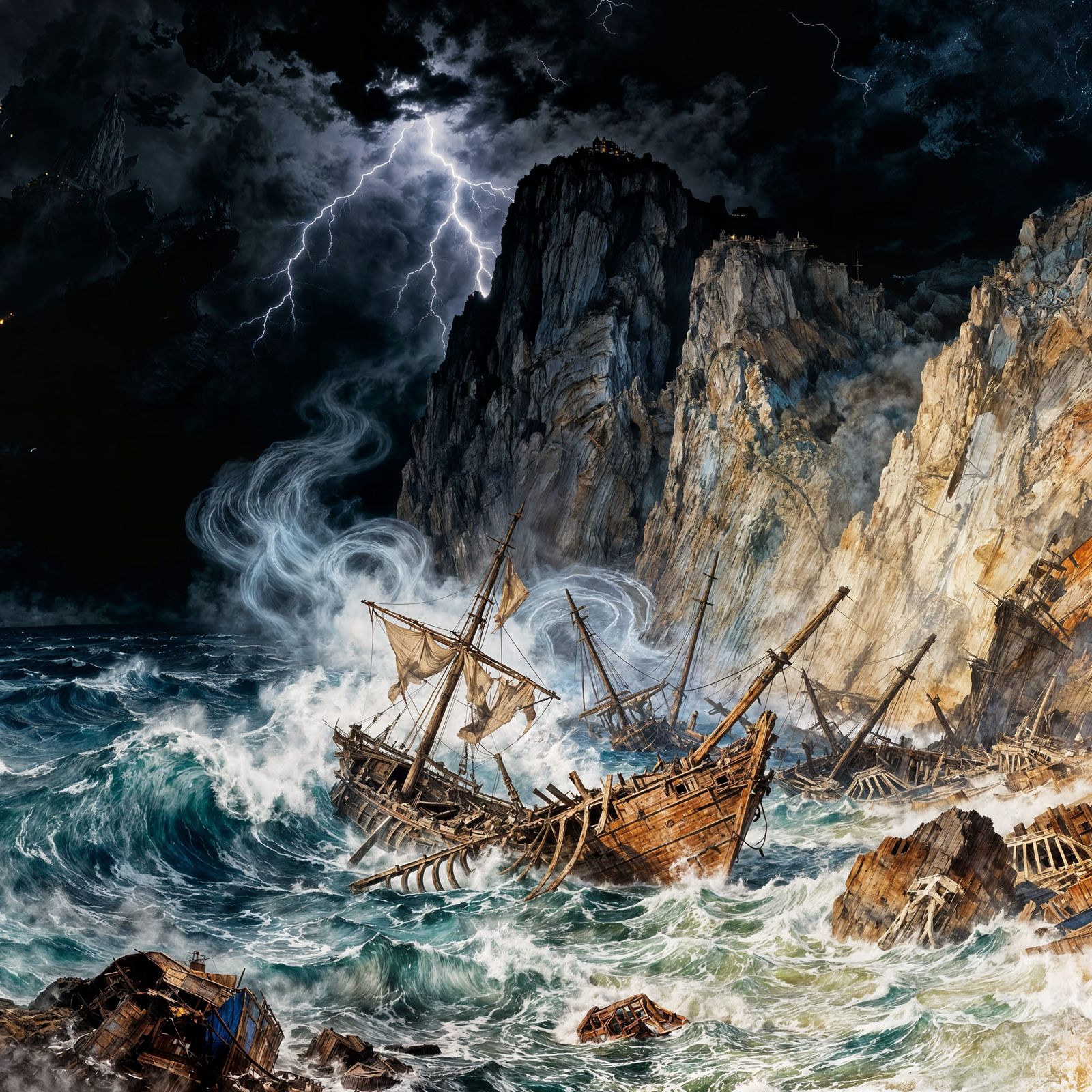 Stormy Island of Lost Ships with Wrecked Vessels