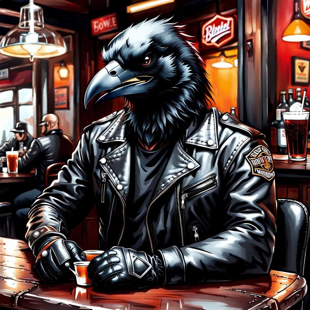 Anthropomorphic Crow Biker in Ink Pen Style