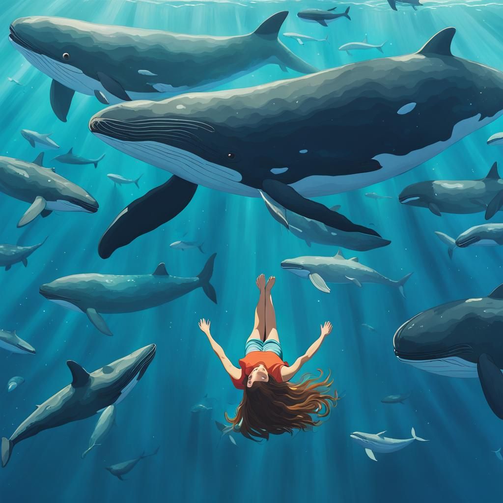 Girl and Whales in Ghibli-Inspired Ocean Scene