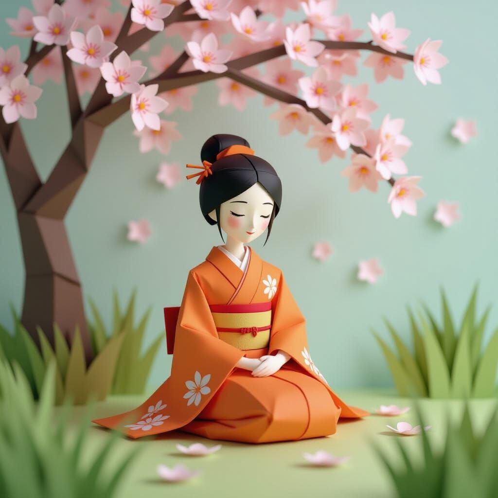 Origami Girl Under Cherry Blossoms in Pastel Hues