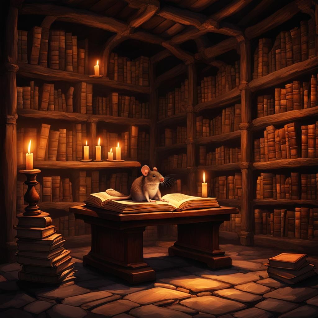 Cozy Medieval Library Guarded by Mouse
