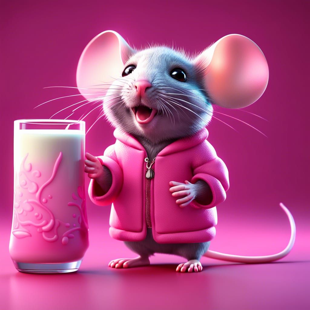 Cute Mouse Drinks Milk, 3D Render