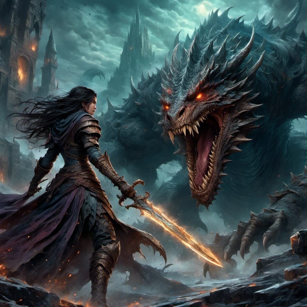 Heroic Woman Faces Dragon in Dark Fantasy Art