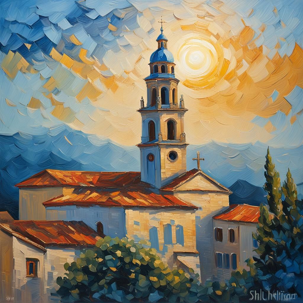 Baroque Church Tower in Impressionist Oil Painting