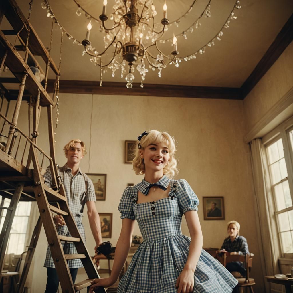 Man in Gingham Dress Dusting Chandelier