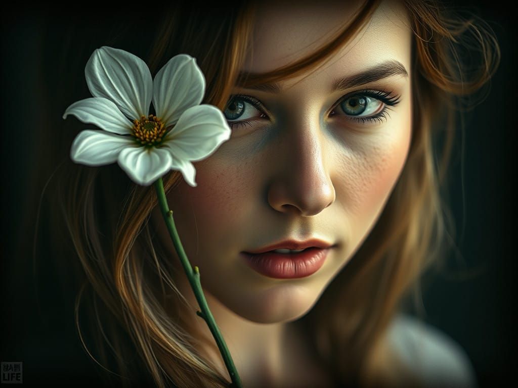 Gritty Portrait of a Woman with a White Flower in Antique Gr...