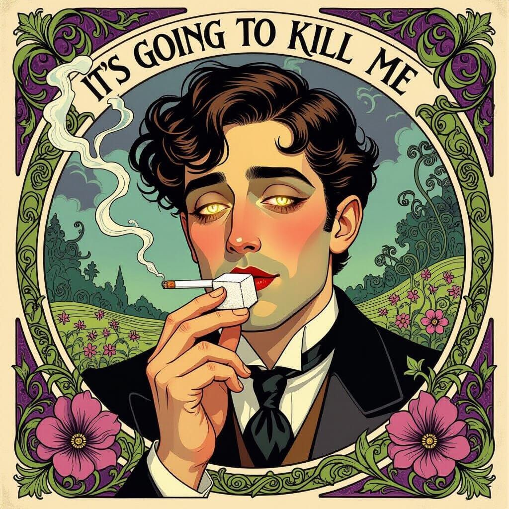 Art Nouveau Man Consuming Sugar in Surreal Landscape