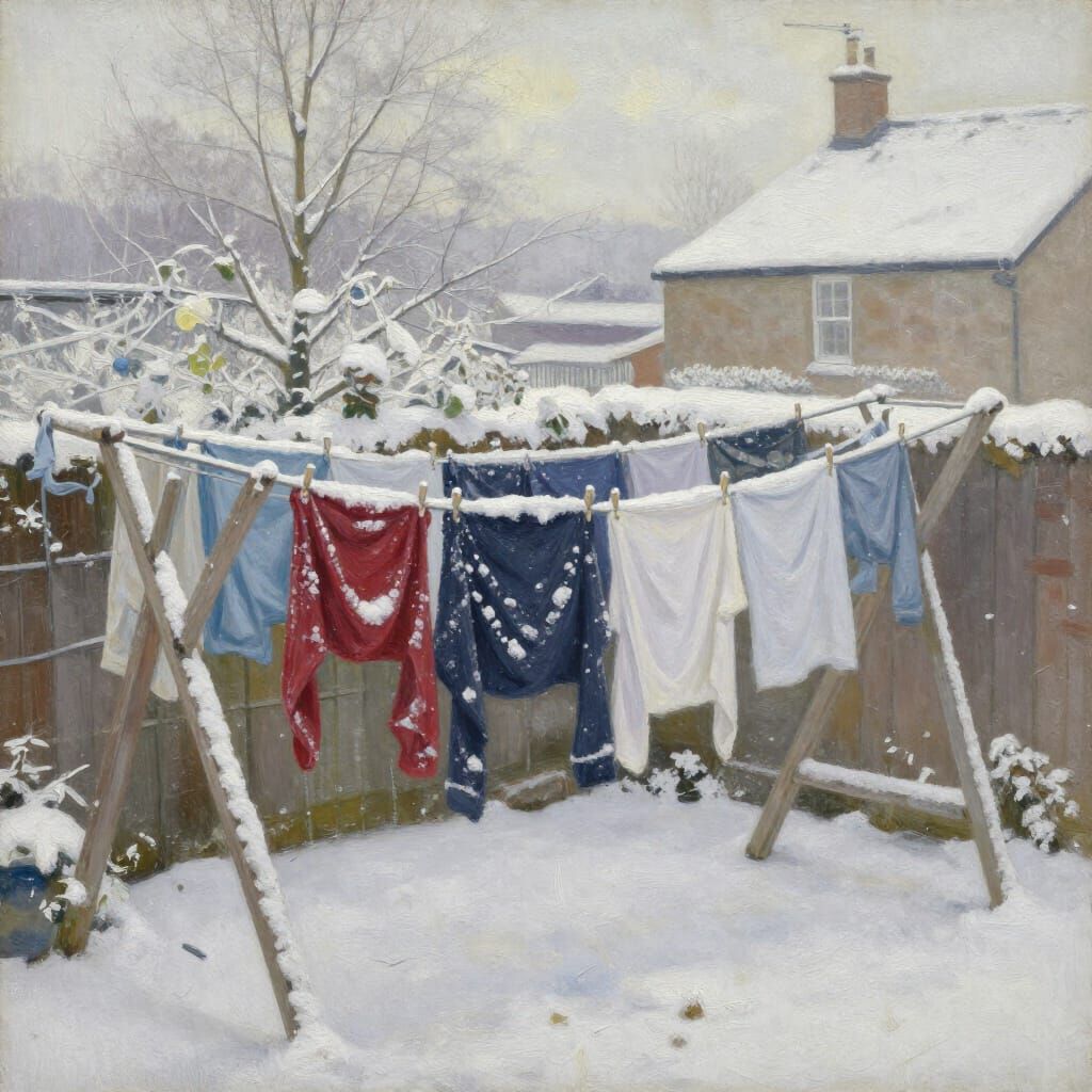 Snow-Dusted Laundry on Lancashire Washing Line in Winter